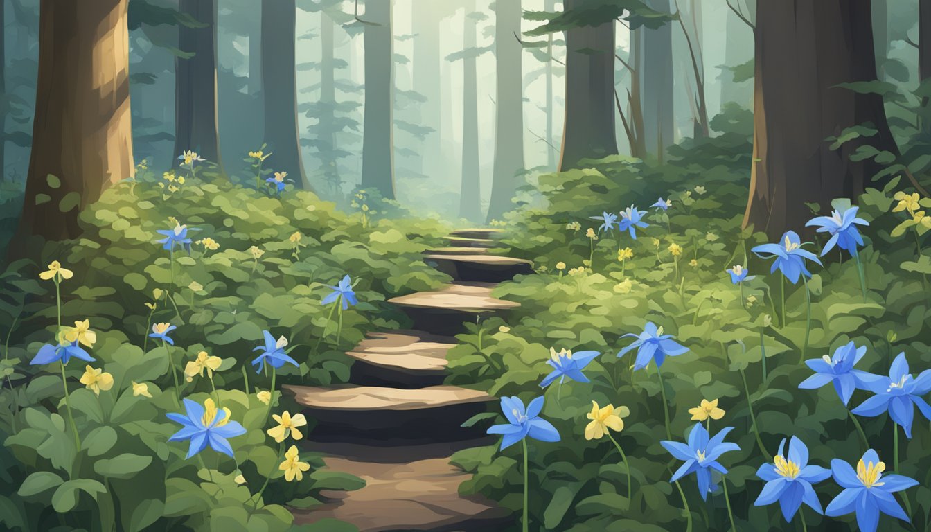 A lush forest floor with blue columbine flowers blooming among interactive platforms and resources foraging and harvesting