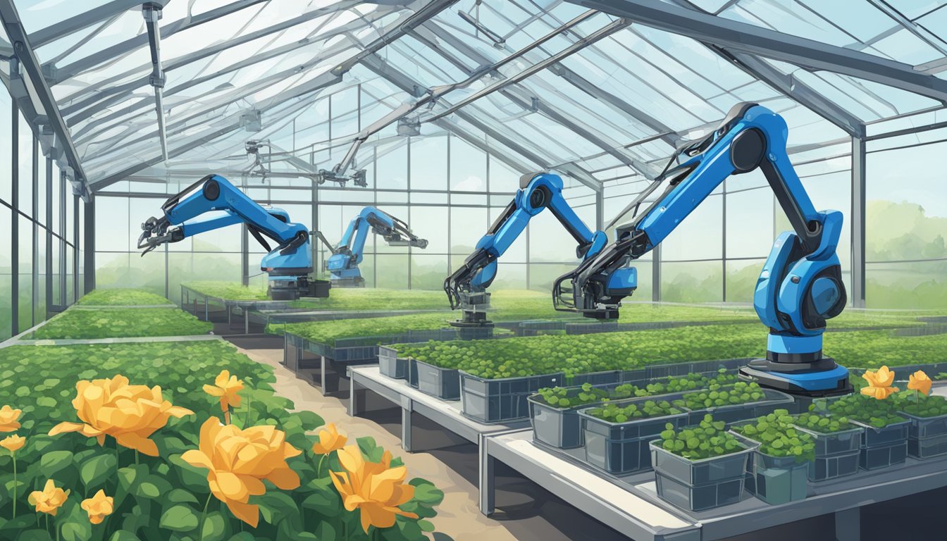 Robotic arms collect blue columbine from a high-tech greenhouse. Drones survey the fields, while automated machines process and package the harvest