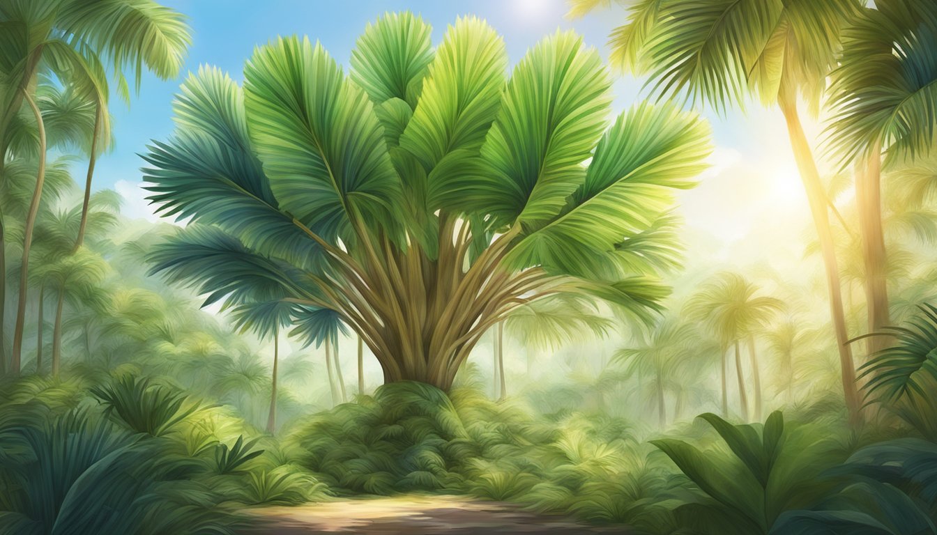 A cabbage palm tree growing in a lush, tropical environment, with sunlight filtering through the canopy and various plants surrounding it