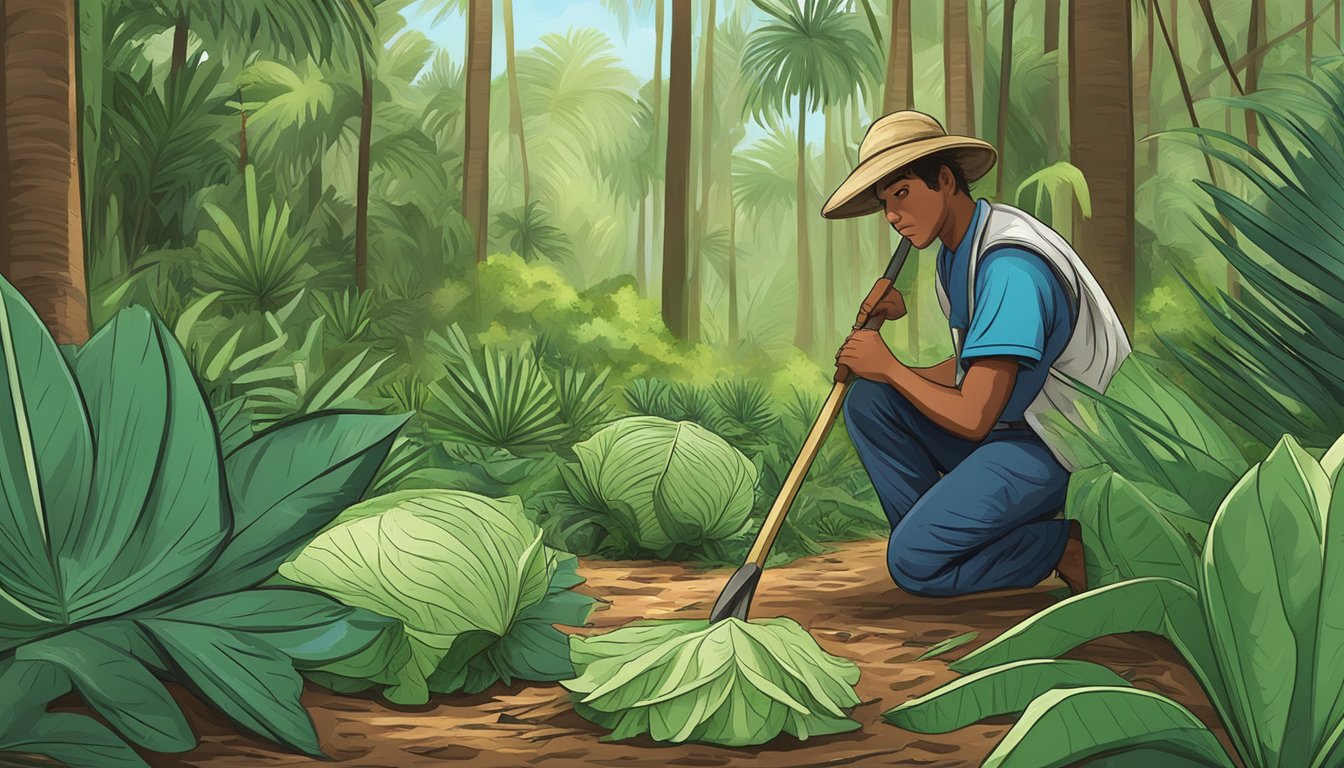 A person uses a machete to harvest cabbage palm leaves in a tropical forest clearing