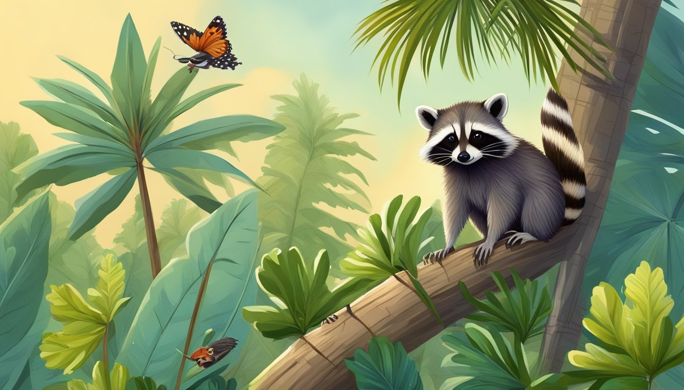 A raccoon climbs a cabbage palm tree, foraging for berries while a woodpecker taps for insects. Butterflies flutter around the tree, pollinating the flowers