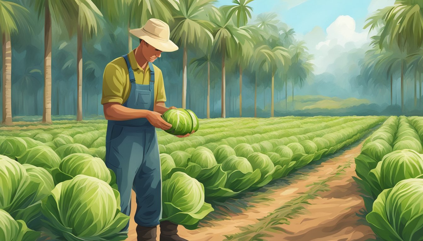 A farmer carefully selects ripe cabbage palms from the field, preparing them for optimal yield and shelf life