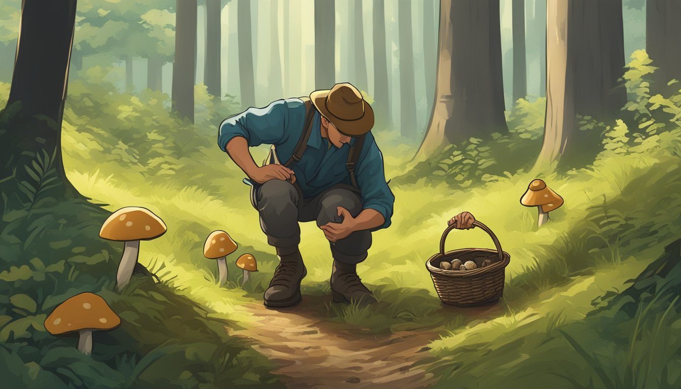 A person foraging for barrows bolete in a lush forest, carefully inspecting the ground and collecting the mushrooms in a basket