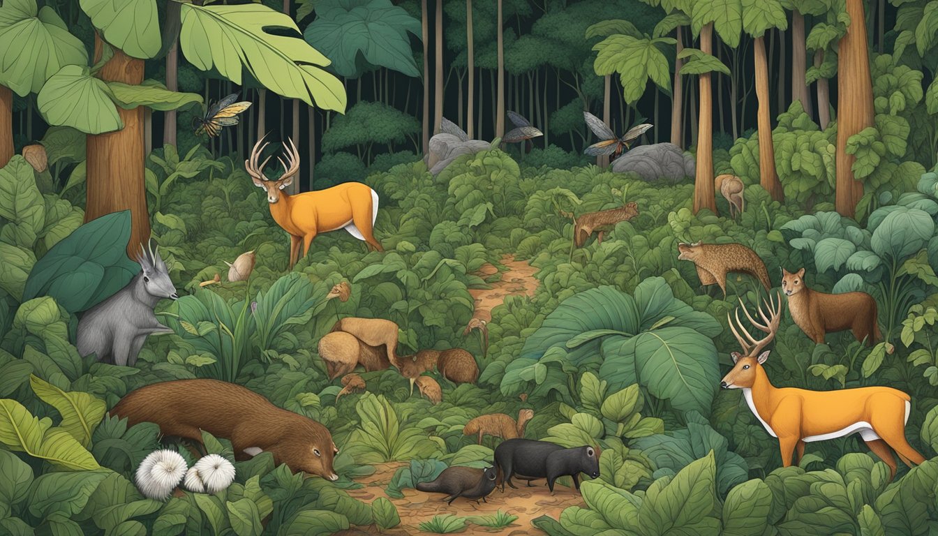 A lush forest floor with broadleaf plantain plants being foraged and harvested by animals and insects, surrounded by historical and cultural symbols