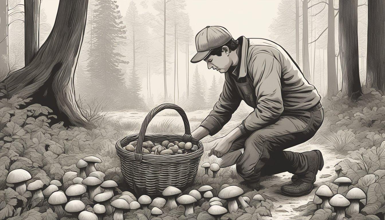 A figure kneels in a forest, carefully plucking Barrows Bolete mushrooms from the forest floor, placing them in a woven basket