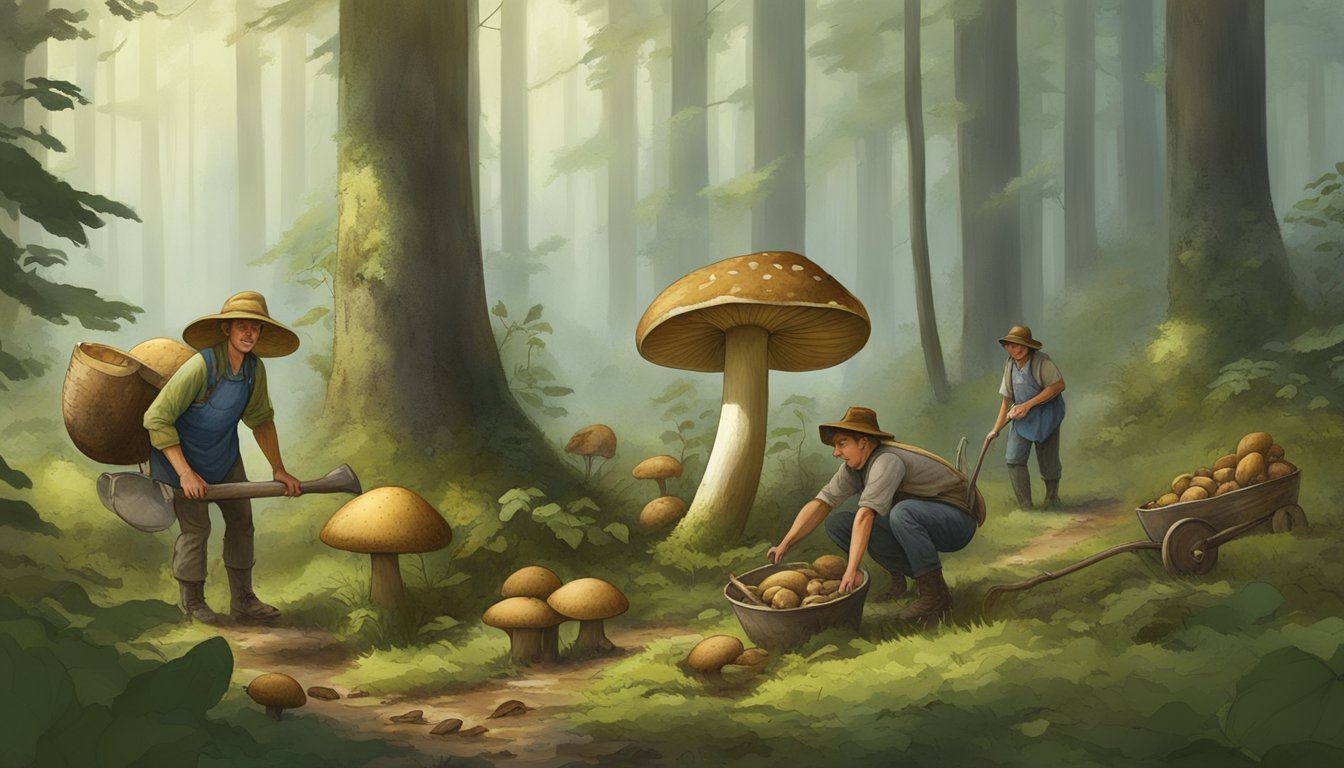 King boletes and their relatives foraging and harvesting barrows bolete in a lush, damp forest clearing