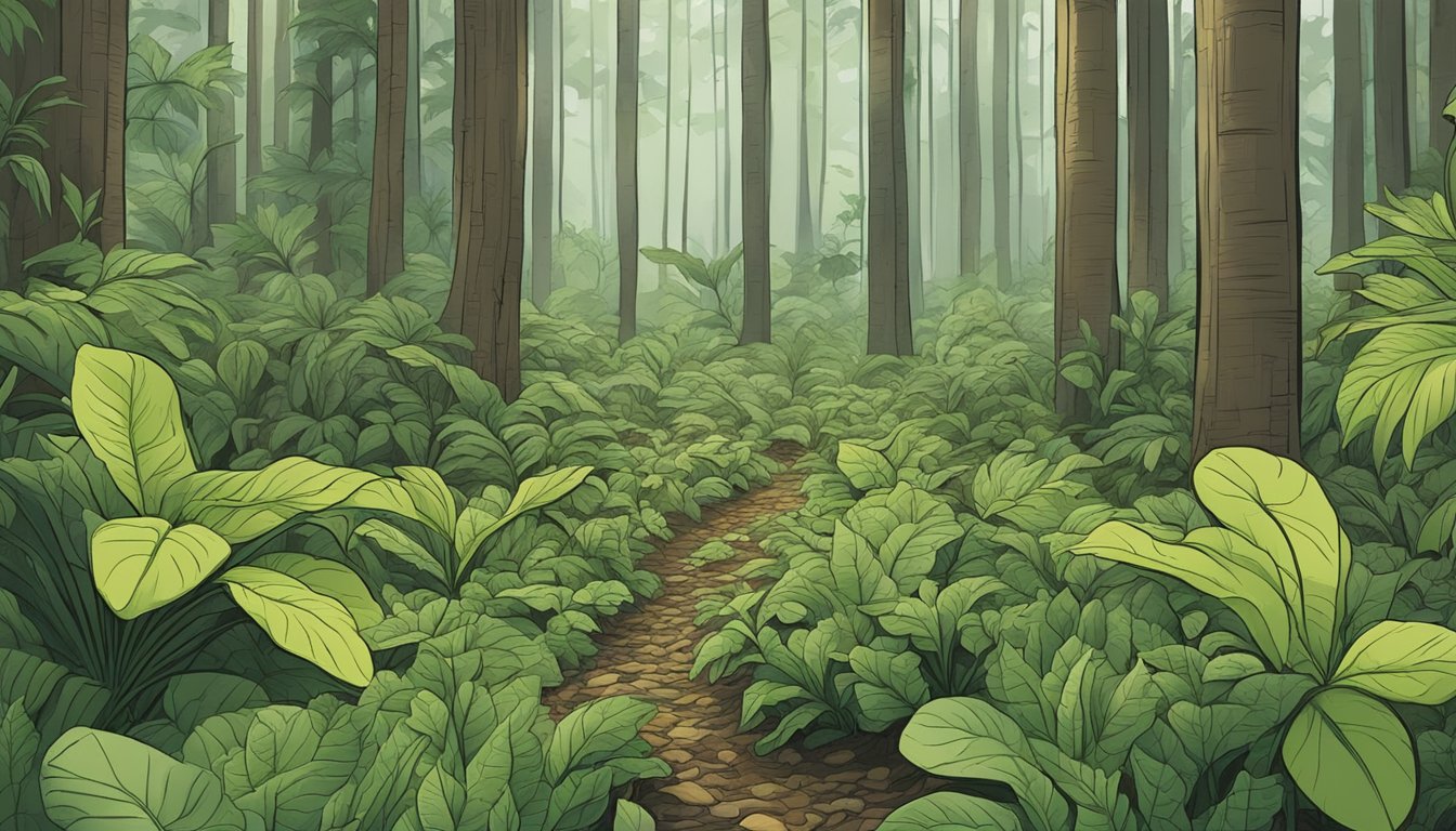 A lush forest floor with broadleaf plantain being sustainably foraged and harvested by a figure using eco-friendly methods