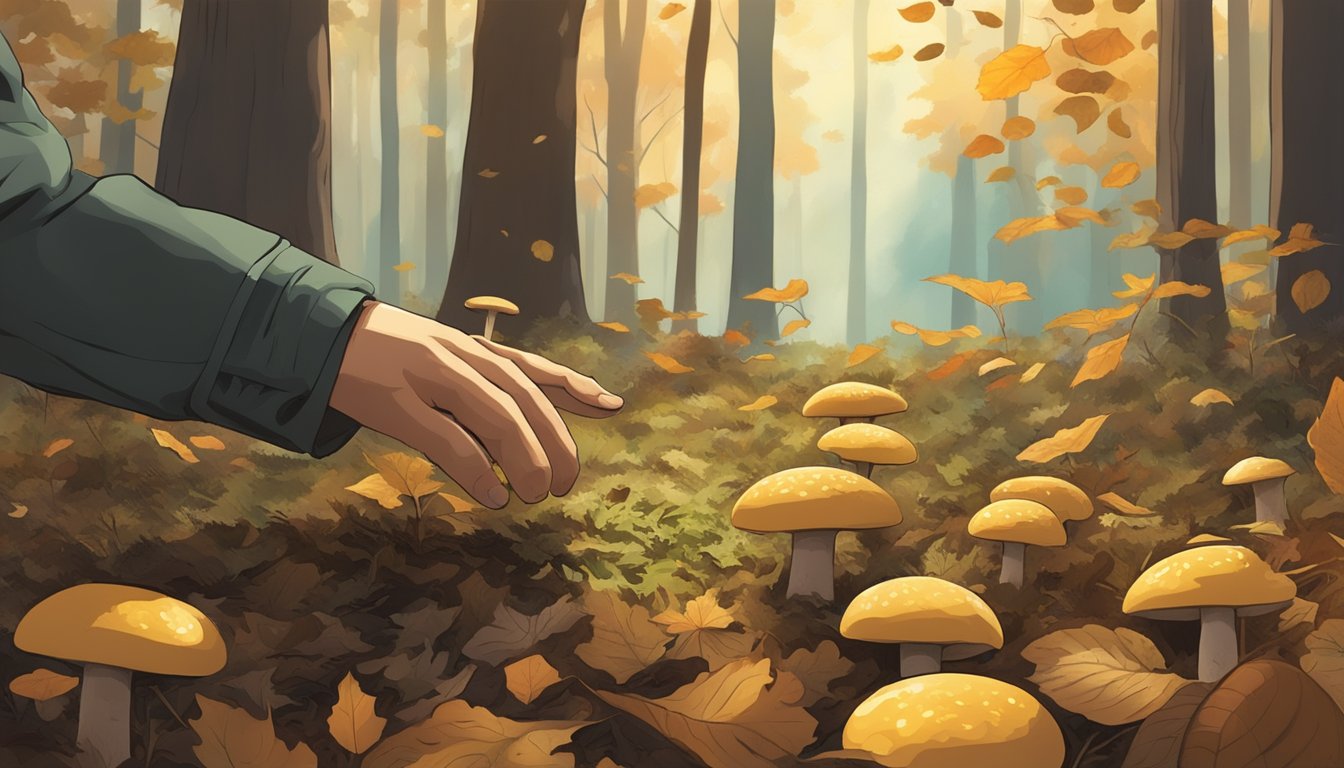 A hand reaching for a barrows bolete mushroom in a forest clearing, surrounded by fallen leaves and dappled sunlight