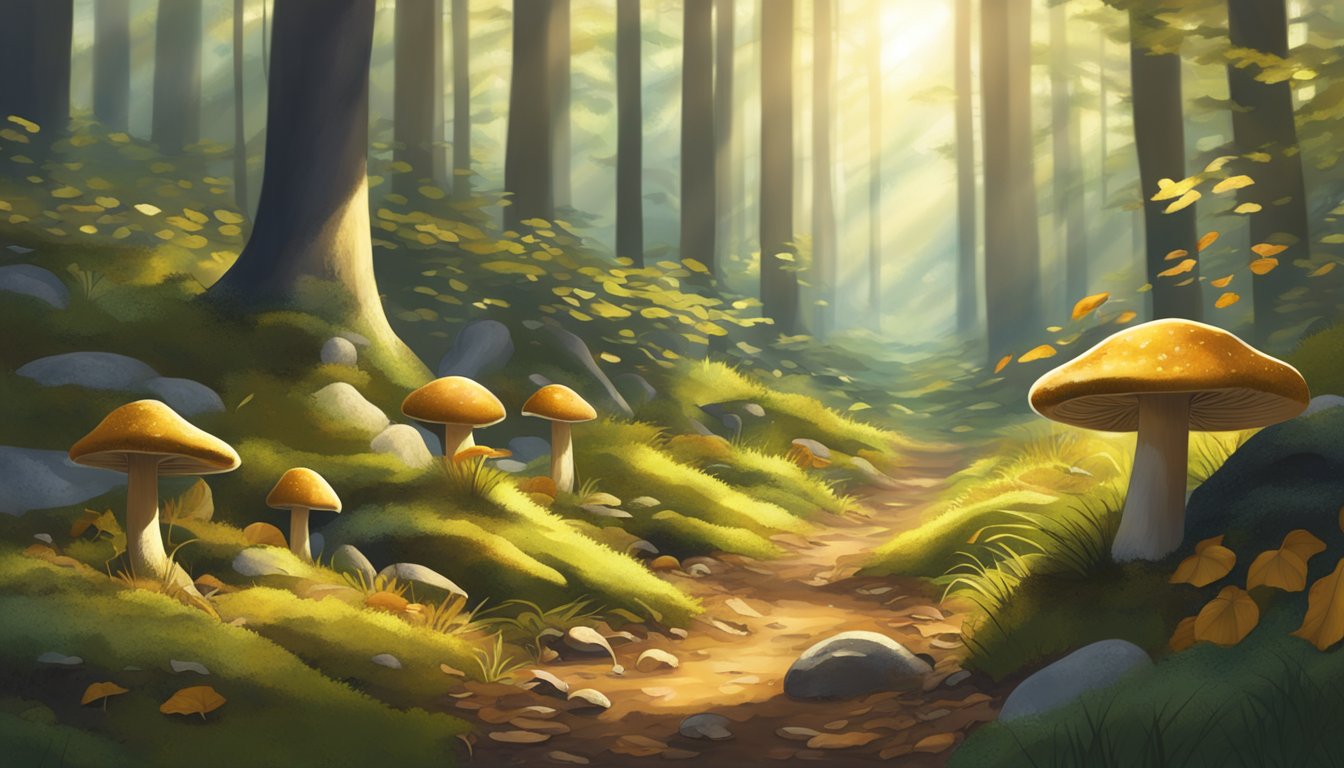 A forest floor with fallen leaves and moss, scattered barrows bolete mushrooms, and dappled sunlight filtering through the trees