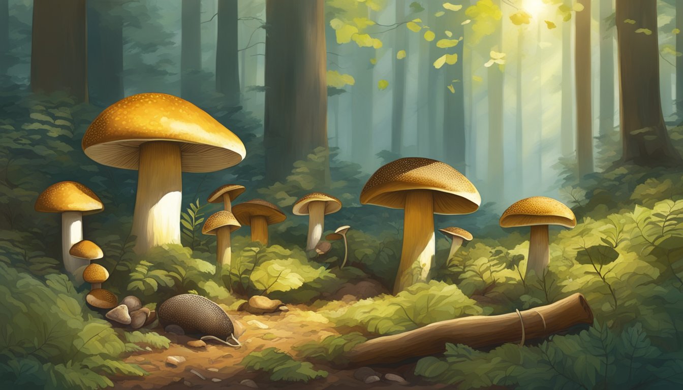 A forest floor with dappled sunlight, showcasing various species of boletes, including the barrows bolete, being foraged and harvested by woodland creatures