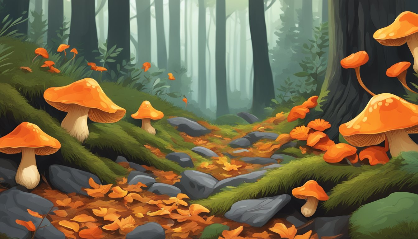 A forest floor with red chanterelles growing among fallen leaves and moss