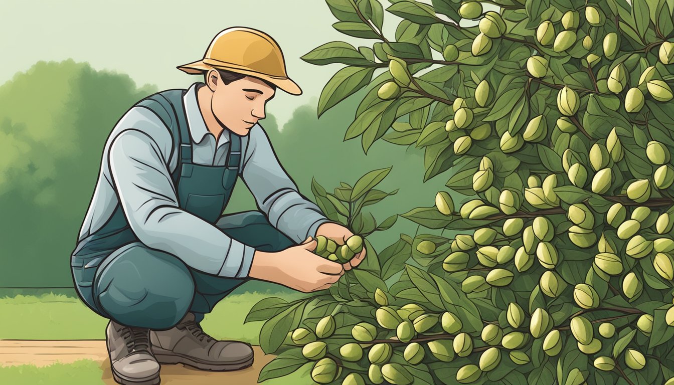 A gardener inspecting bay laurel nuts for pests and diseases before harvesting