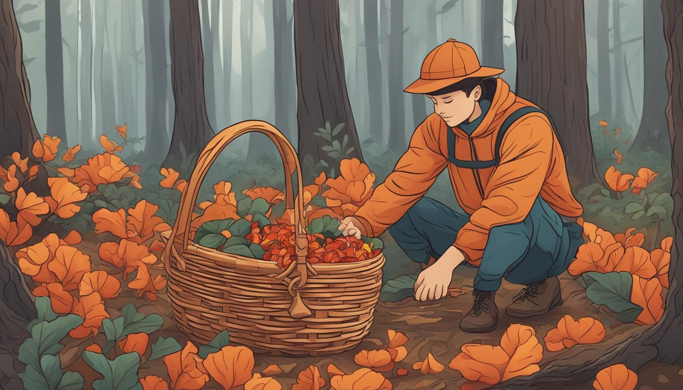 A figure gathers red chanterelles in a forest, placing them in a woven basket. Nearby, a small fire burns for cooking