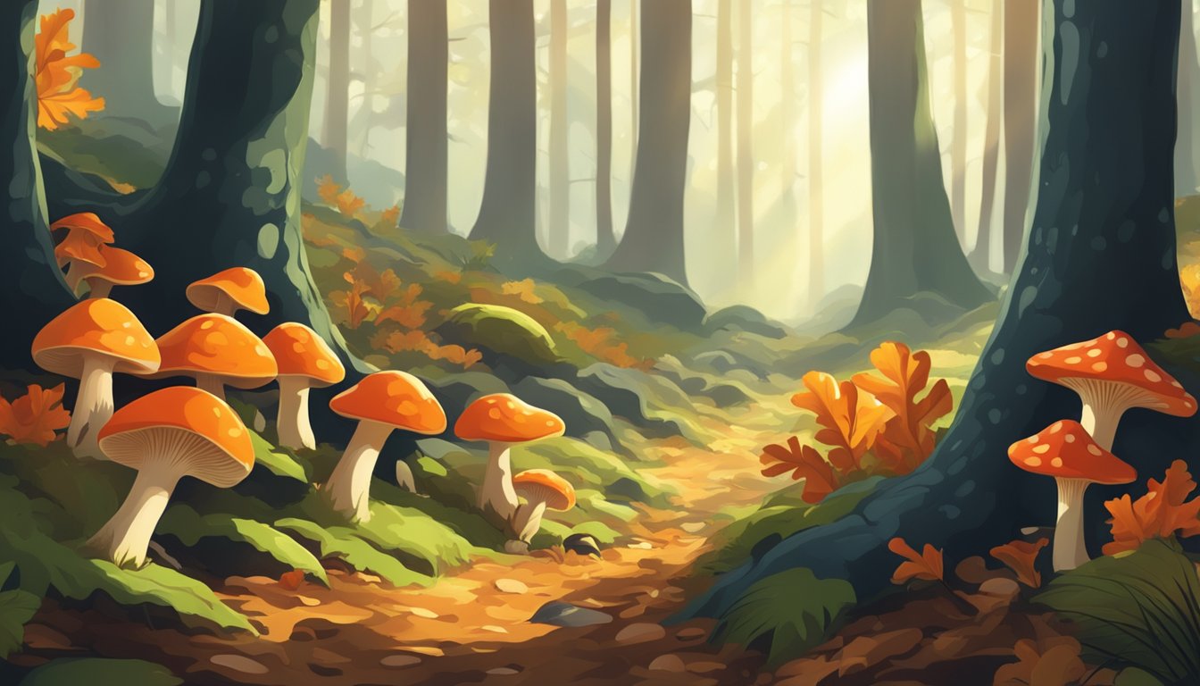 A forest floor with red chanterelles growing among fallen leaves and moss. Sunlight filters through the trees, casting dappled shadows on the mushrooms