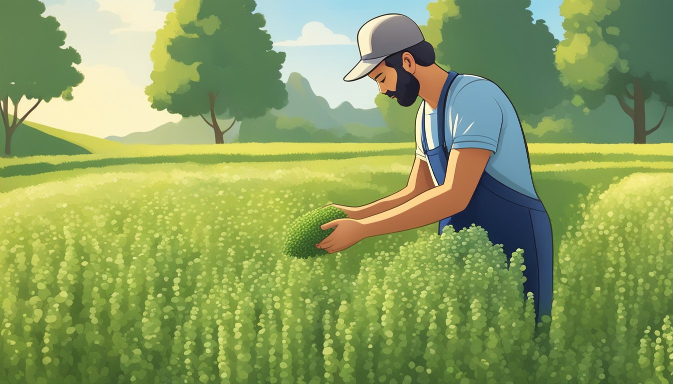 A person gathering chia seeds from mature plants in a sunny field