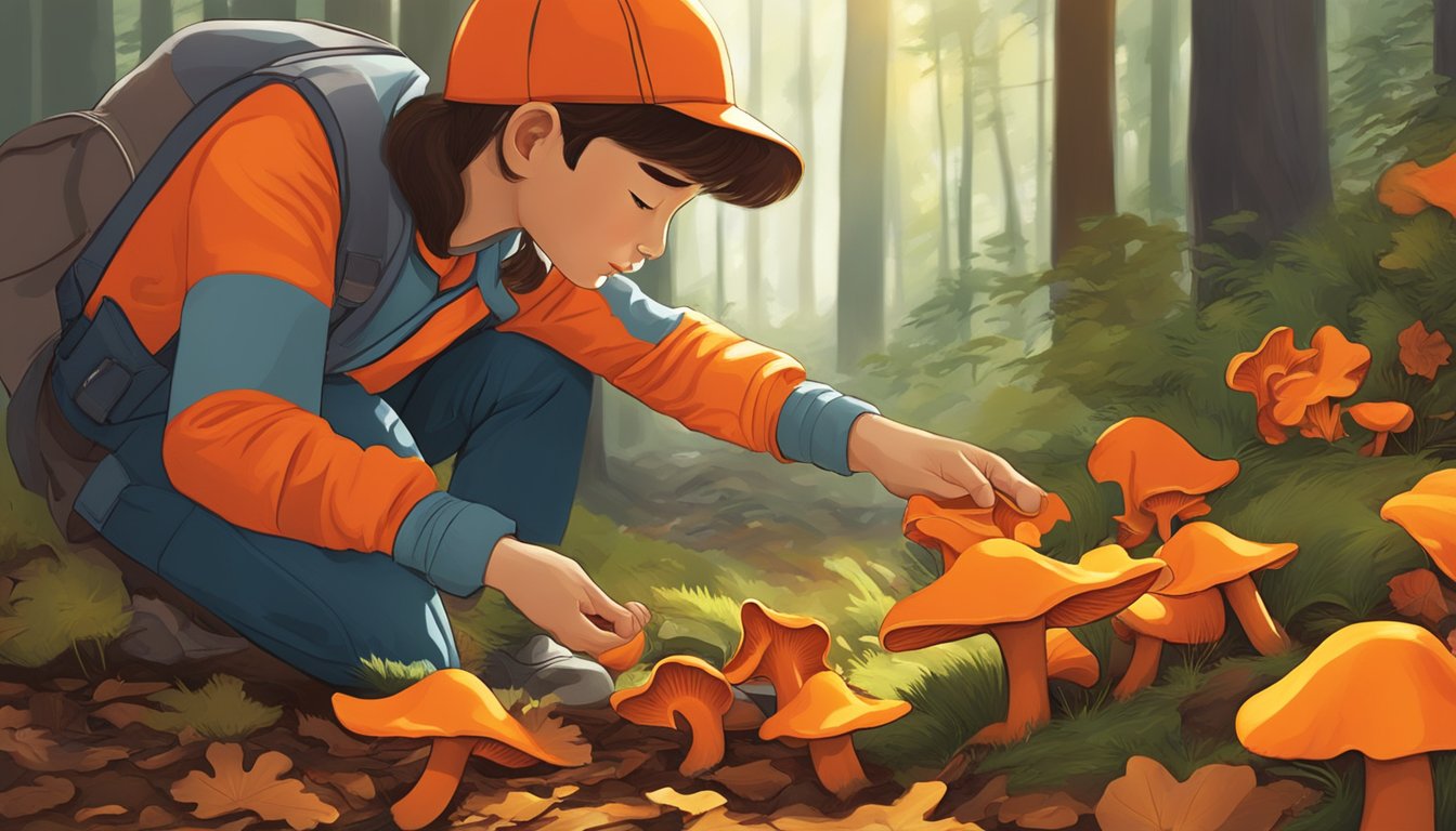 A close-up of red chanterelles being carefully plucked from the forest floor, with dappled sunlight filtering through the trees