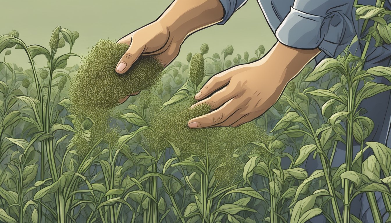 A hand reaching into a field of chia plants, plucking ripe seeds from the stalks