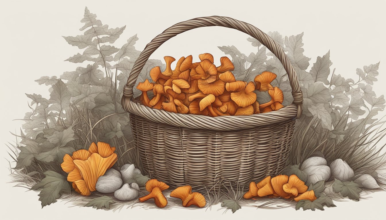 A wicker basket overflows with red chanterelles, surrounded by a foraging knife, gloves, and a mesh bag for harvesting