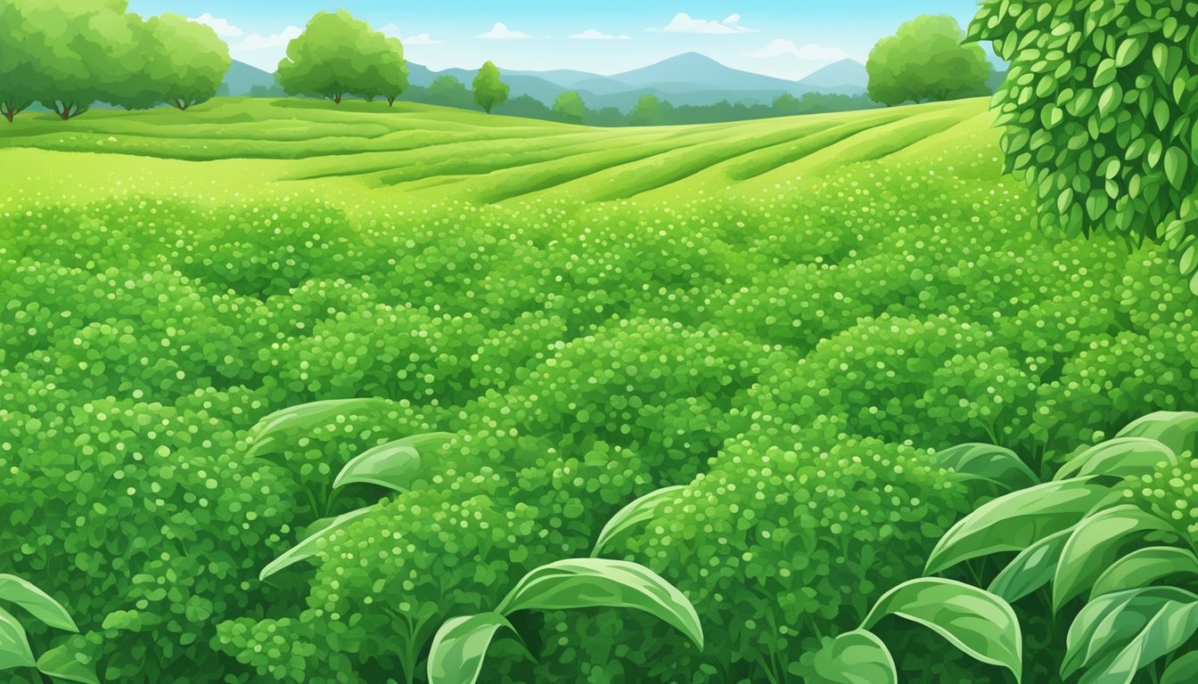 A lush field of chia plants with vibrant green leaves and small, round seeds ready for harvesting