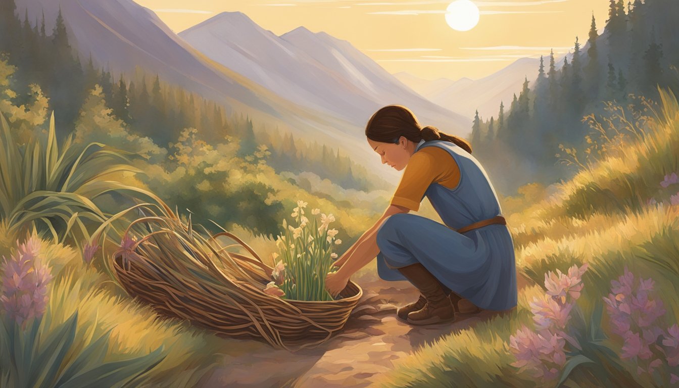 A figure gently pulls camas roots from the earth, carefully examining each one before placing it in a woven basket. The sun casts a warm glow over the scene, highlighting the surrounding plants and wildlife