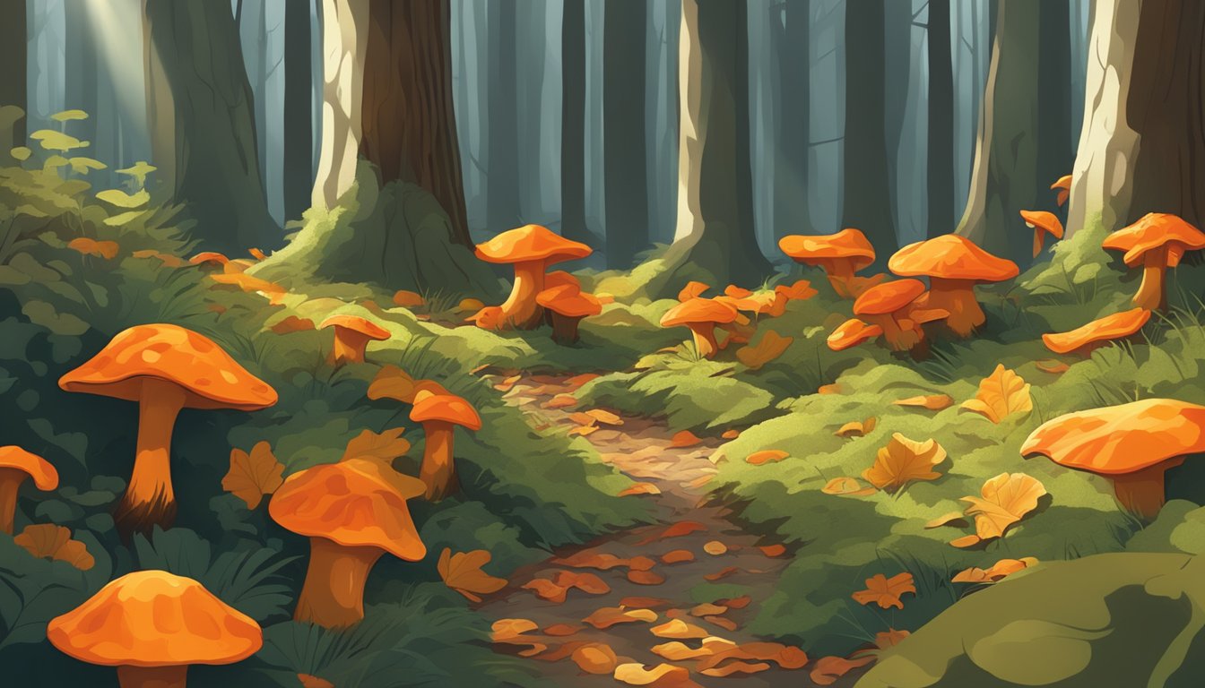 A forest floor with red chanterelles growing among fallen leaves and moss. Sunlight filters through the trees, casting dappled shadows