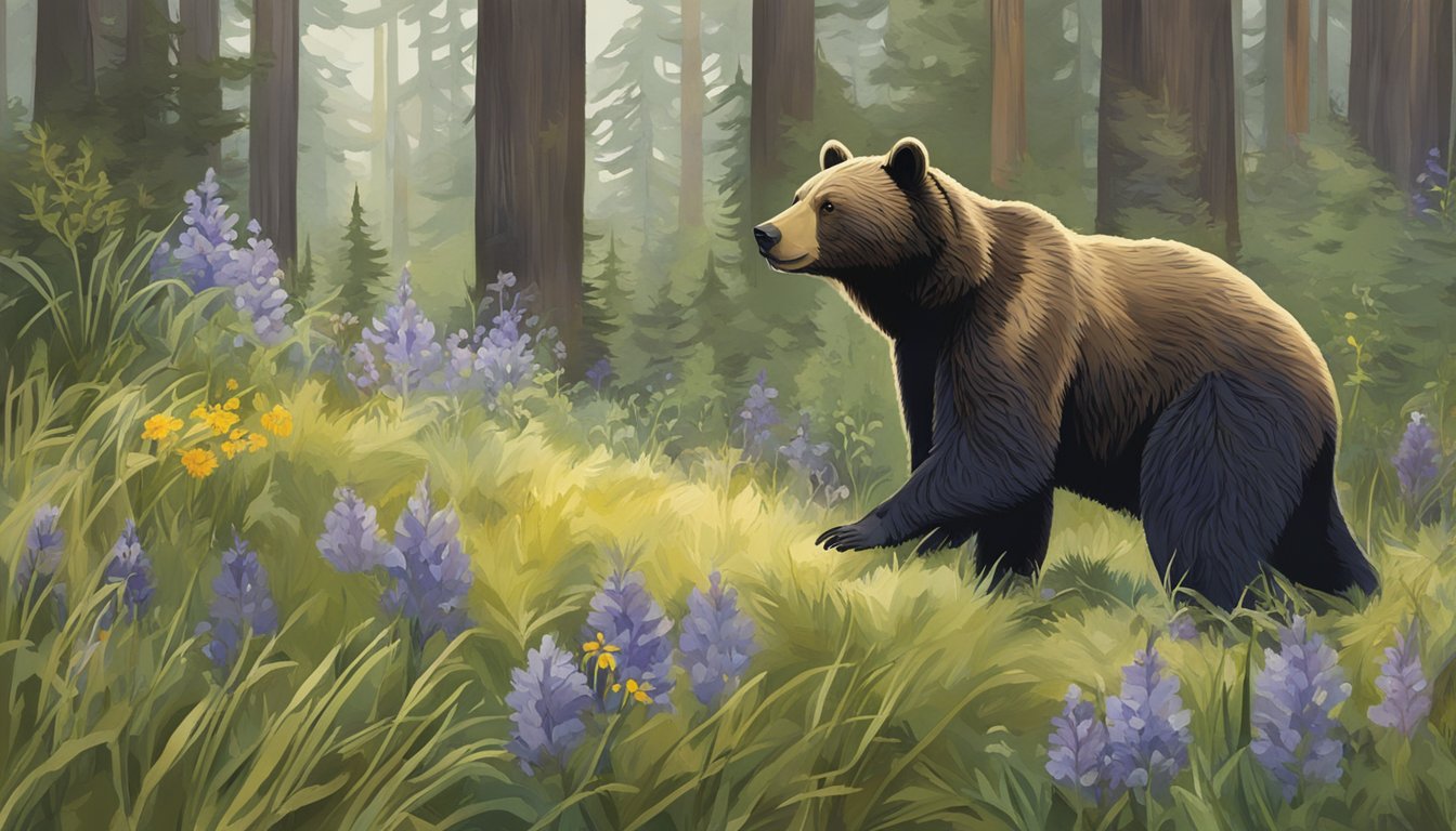 A woodland scene with a bear foraging for camas roots among tall grasses and wildflowers. The bear uses its paws to dig up the roots from the forest floor