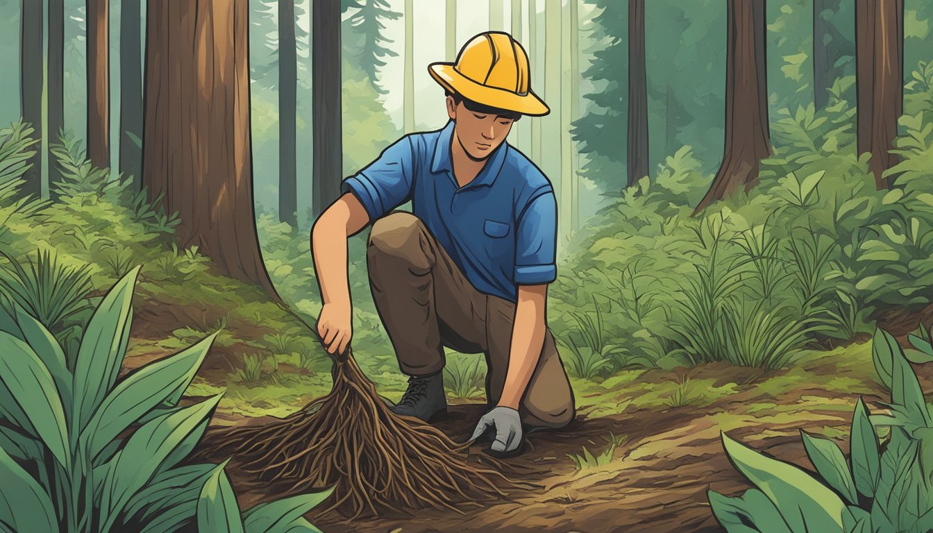 A person carefully digs up camas roots from the forest floor, surrounded by lush greenery and tall trees