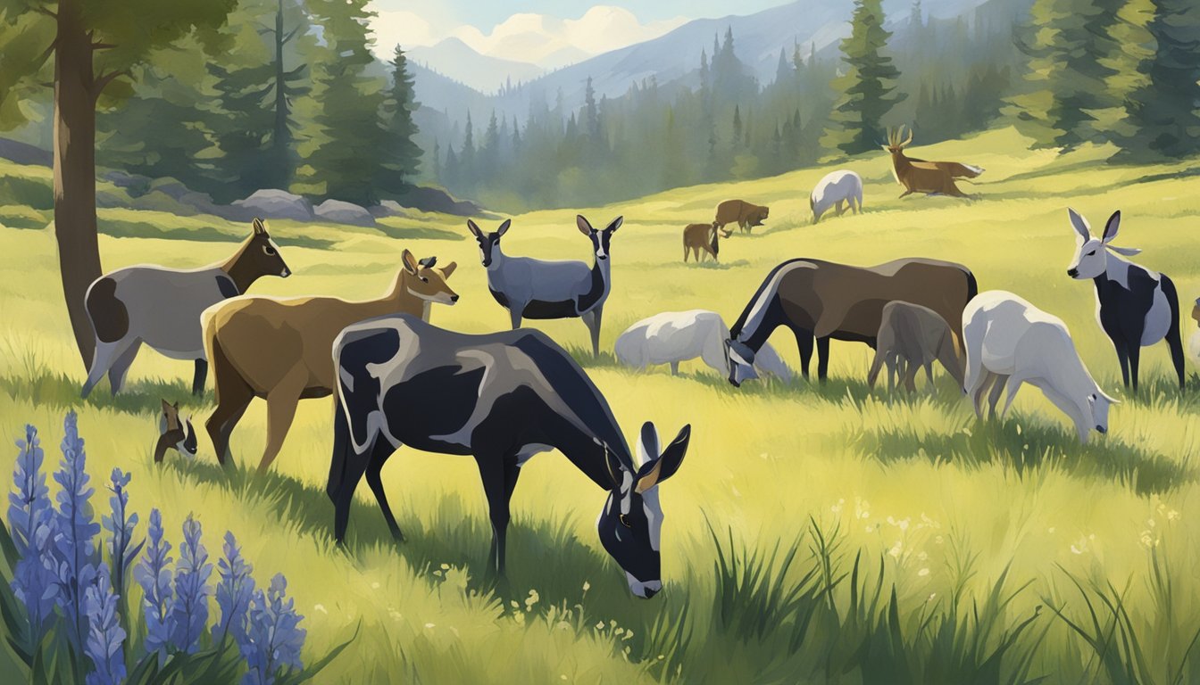 A group of animals foraging and harvesting camas roots in a lush, sun-dappled meadow