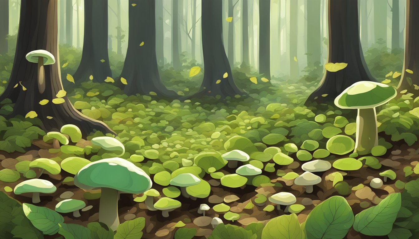 A forest floor with scattered quilted green russula mushrooms, surrounded by fallen leaves and dappled sunlight