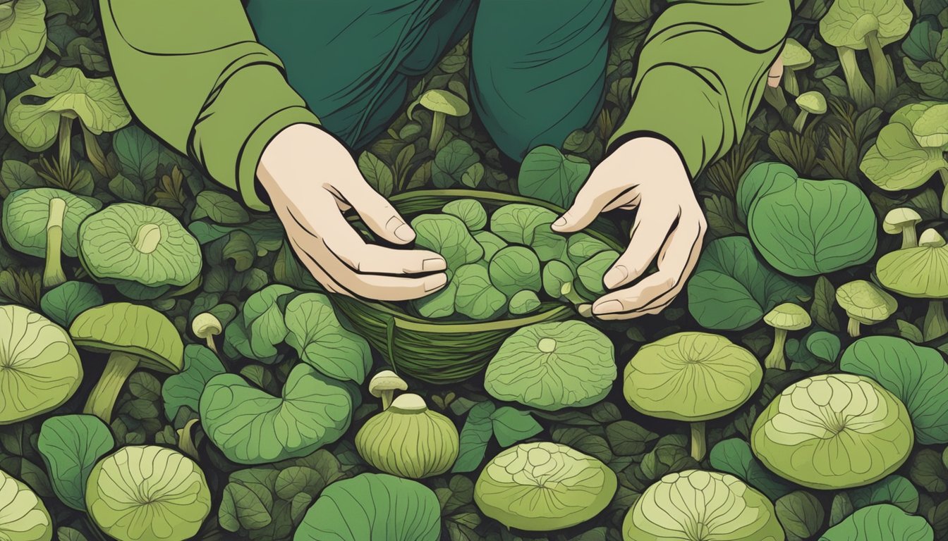 A pair of hands gently plucking quilted green russula mushrooms from the forest floor, carefully inspecting each one before placing them in a basket