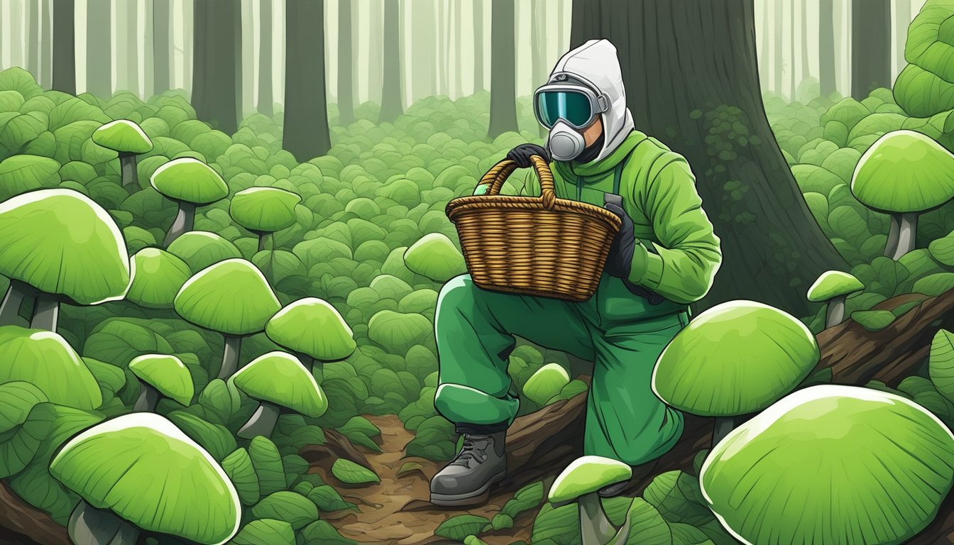 A figure in protective gear carefully harvests quilted green russula mushrooms in a dense forest, using a basket and knife