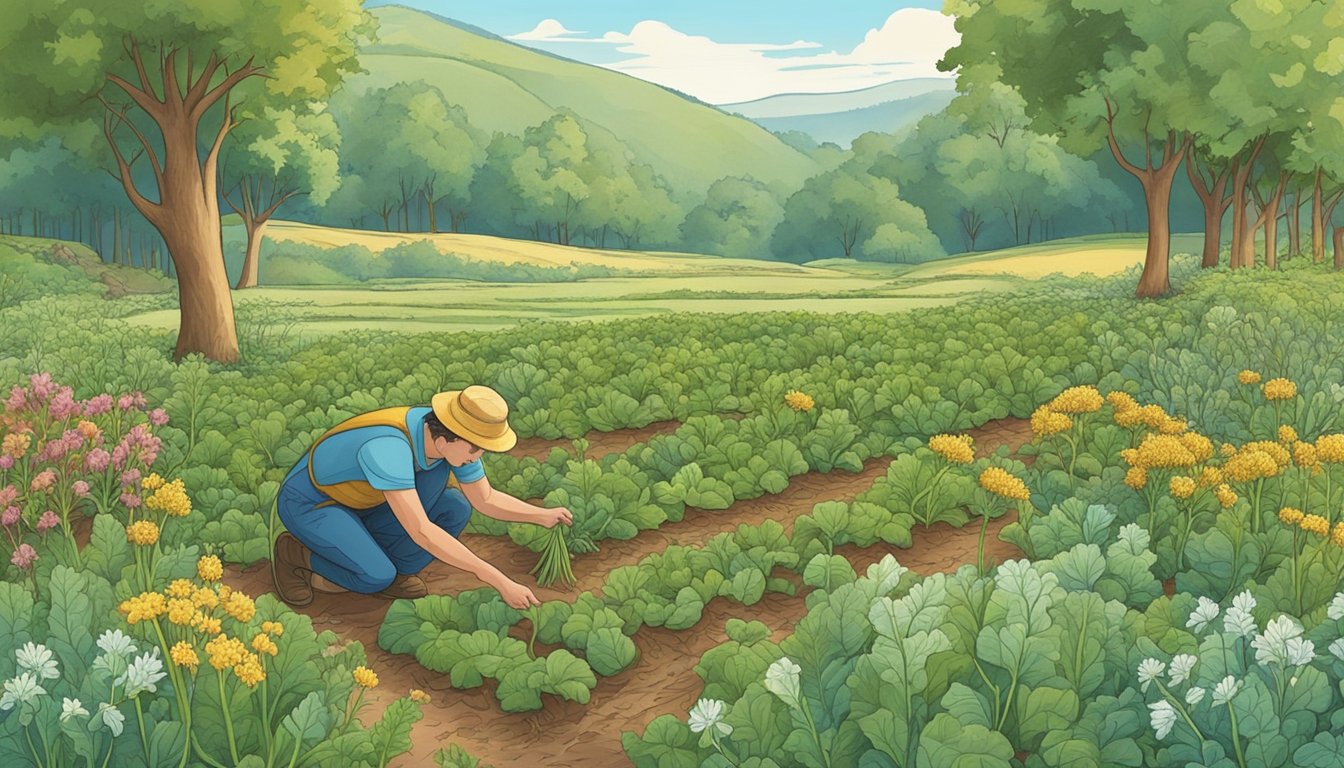 A person harvesting chicory roots in a wild meadow, surrounded by diverse plant life and small animals