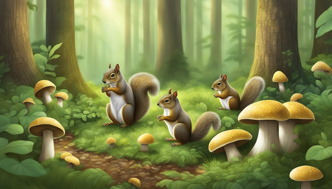 A squirrel gathering quilted green russula mushrooms in a forest clearing