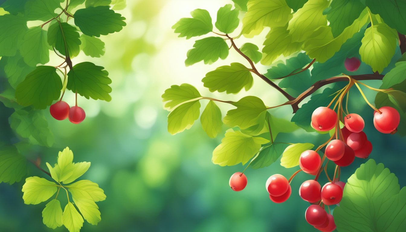 A lush forest floor with clusters of ripe chokeberries hanging from the branches, surrounded by vibrant green leaves and dappled sunlight