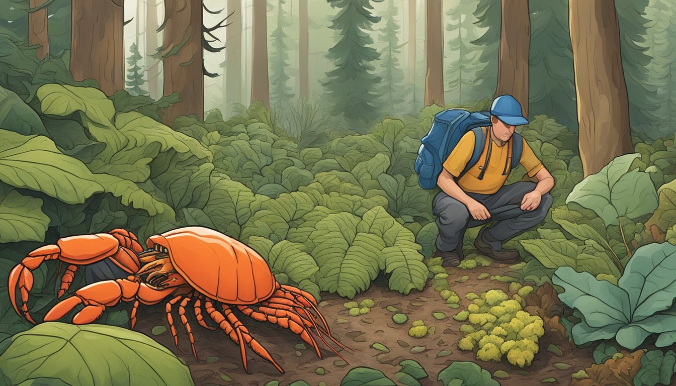 A forest floor with diverse plant life, where a lobster mushroom is being carefully harvested by a forager