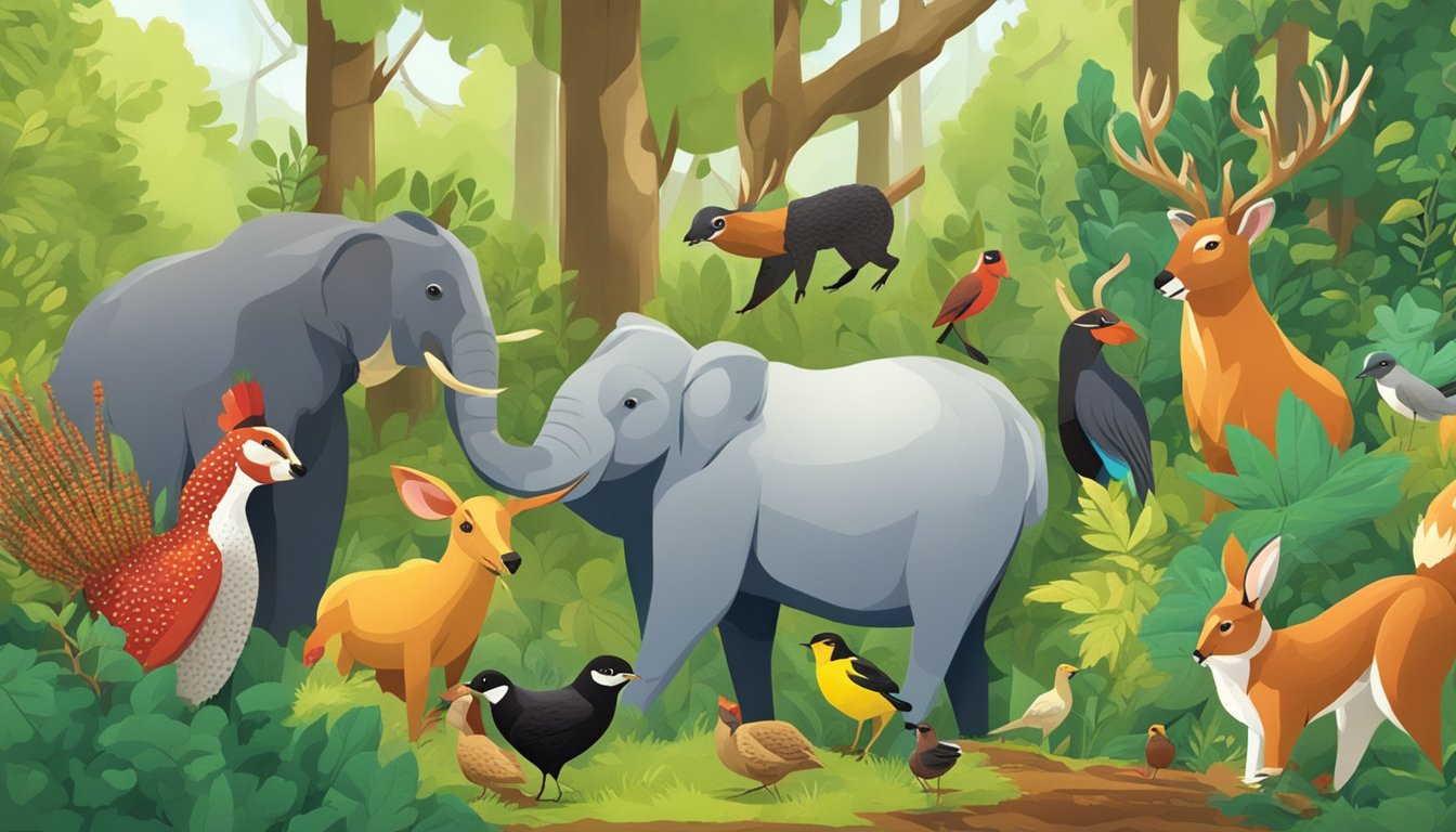 A group of animals gathering and harvesting chokeberries in a lush, vibrant forest setting