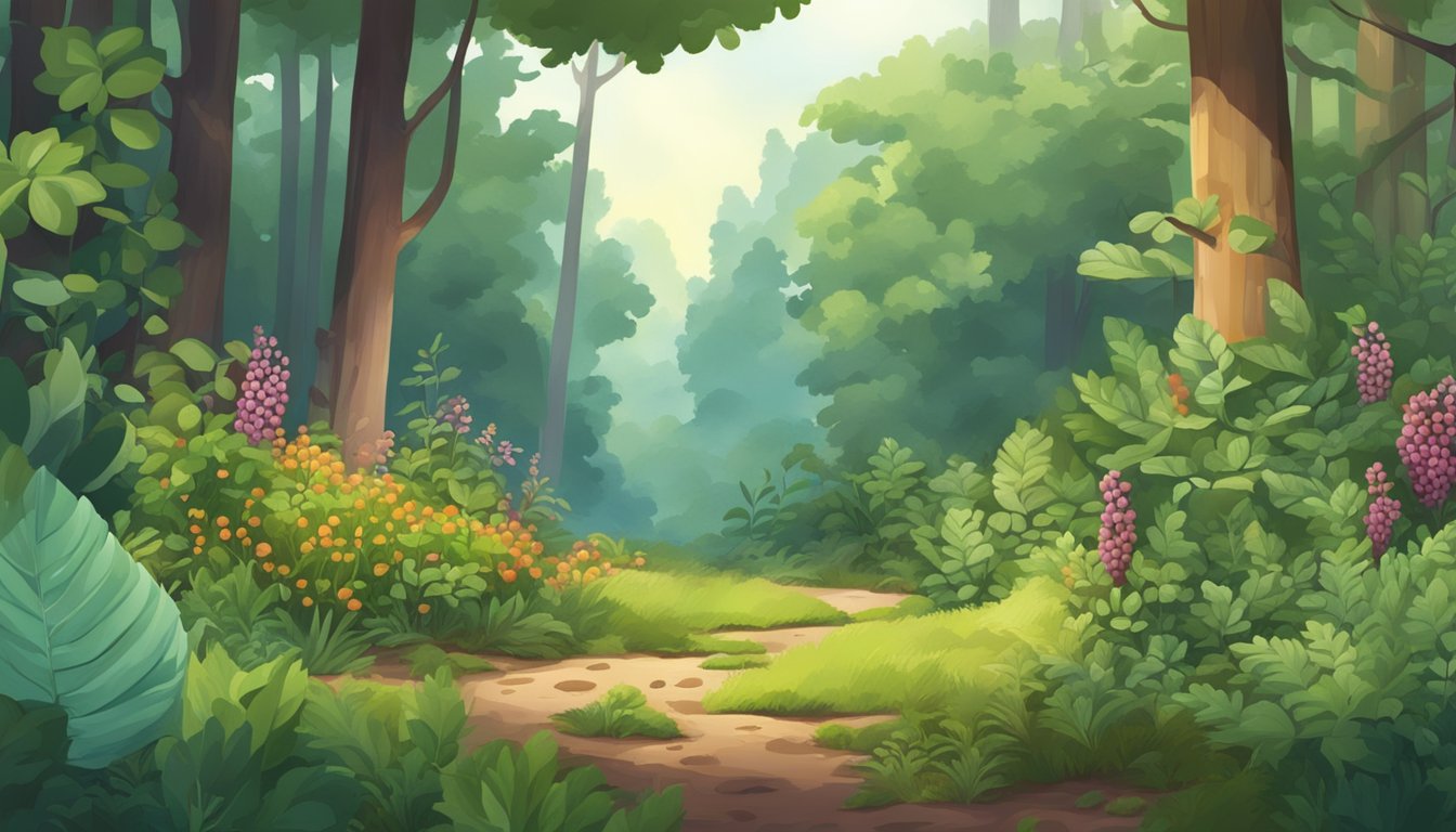 A lush forest floor with ripe chokeberries growing on low shrubs, surrounded by diverse plant life and small animals