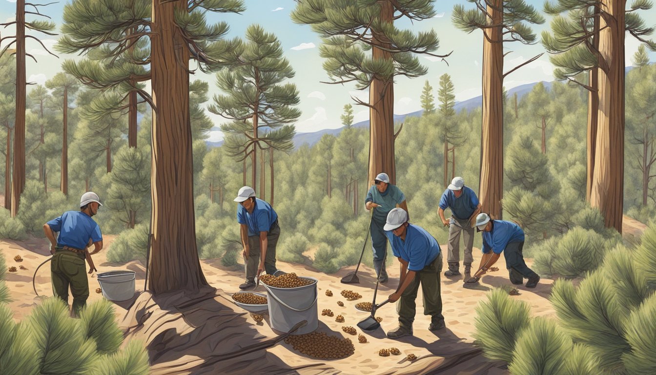 A group of workers carefully collecting pinyon pine nuts in a Colorado forest, while others monitor and manage the conservation of the trees