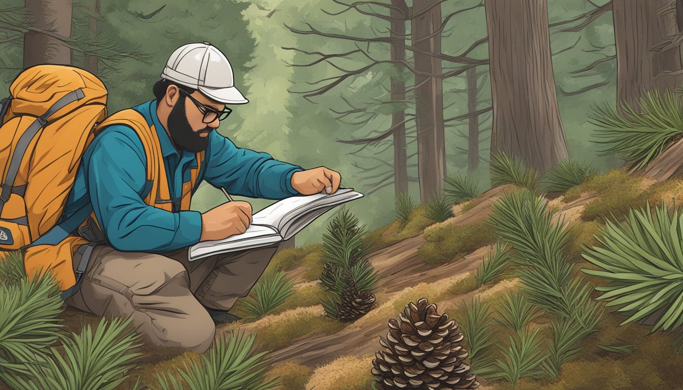 A scientist in a forest, collecting pinyon pine cones and studying them