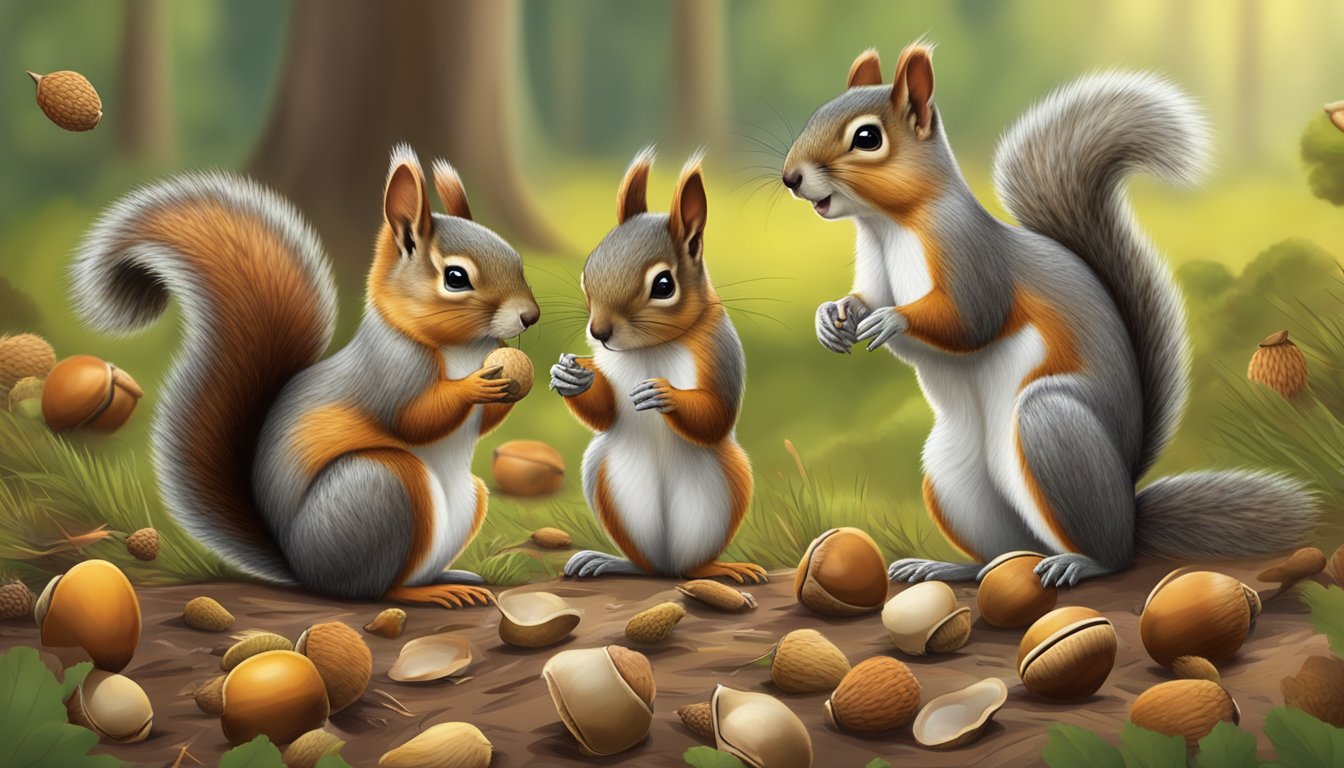 Squirrels gathering acorns from the forest floor, while birds peck at fallen acorns in a meadow