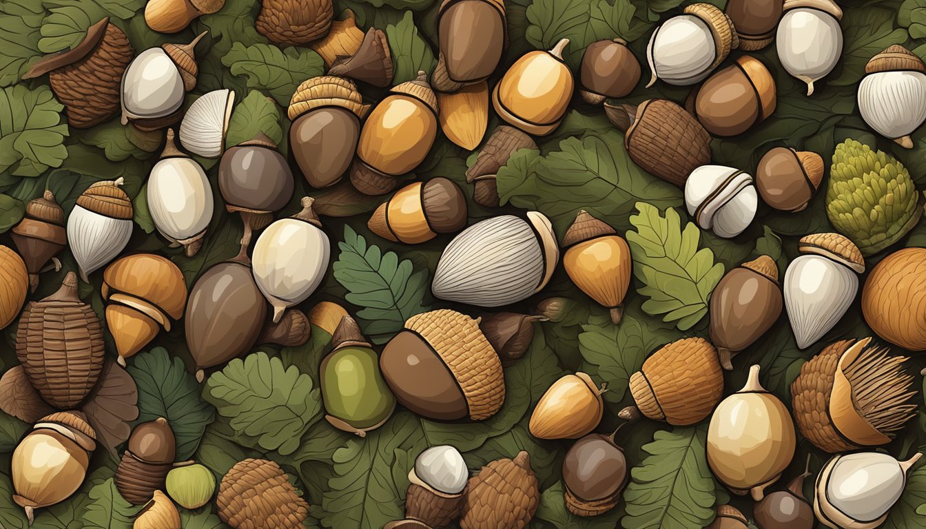 A variety of acorns scattered on the forest floor, each with distinct sizes, colors, and textures. Some are smooth and round, while others are elongated with deep ridges