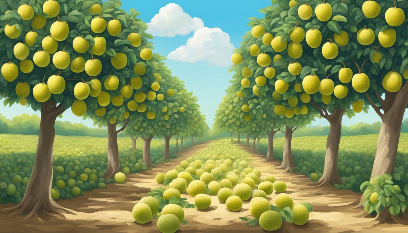 A sunny orchard with lush green trees bearing ripe custard apples, surrounded by fertile soil and clear blue skies