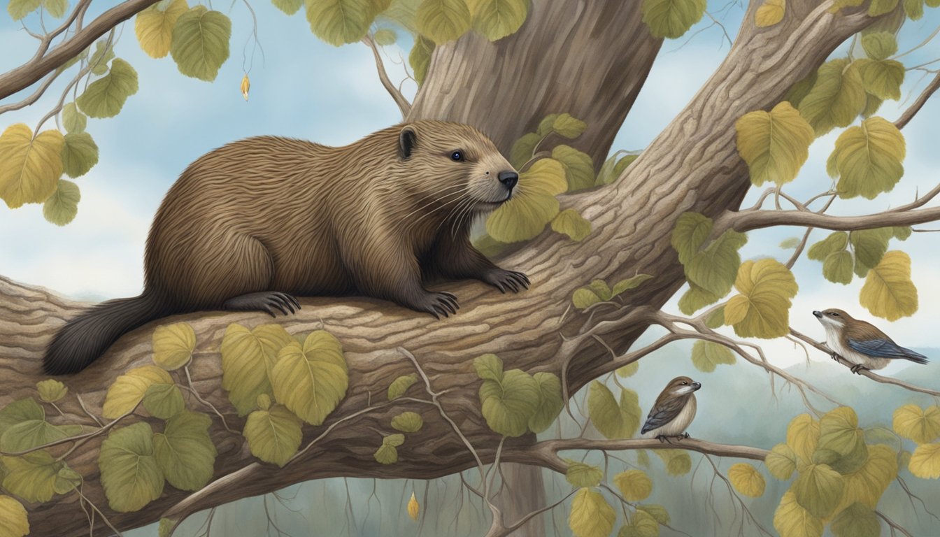 A beaver gnaws on a cottonwood tree, while birds gather nesting material from its branches