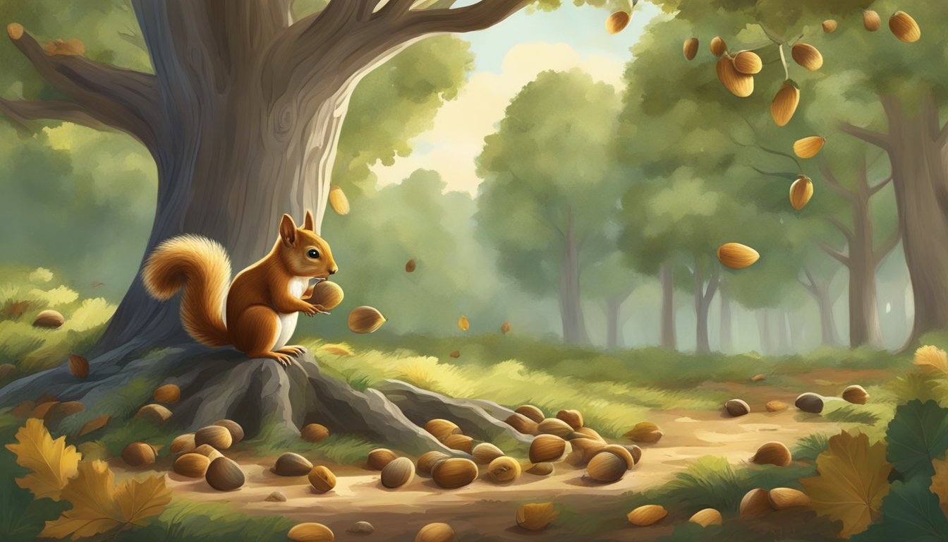 A squirrel gathering acorns under a majestic oak tree in a forest clearing