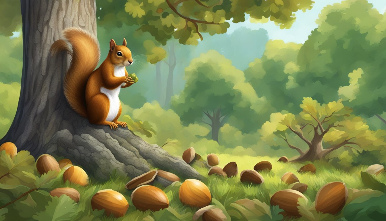 A squirrel gathering acorns under a sprawling oak tree in a lush forest