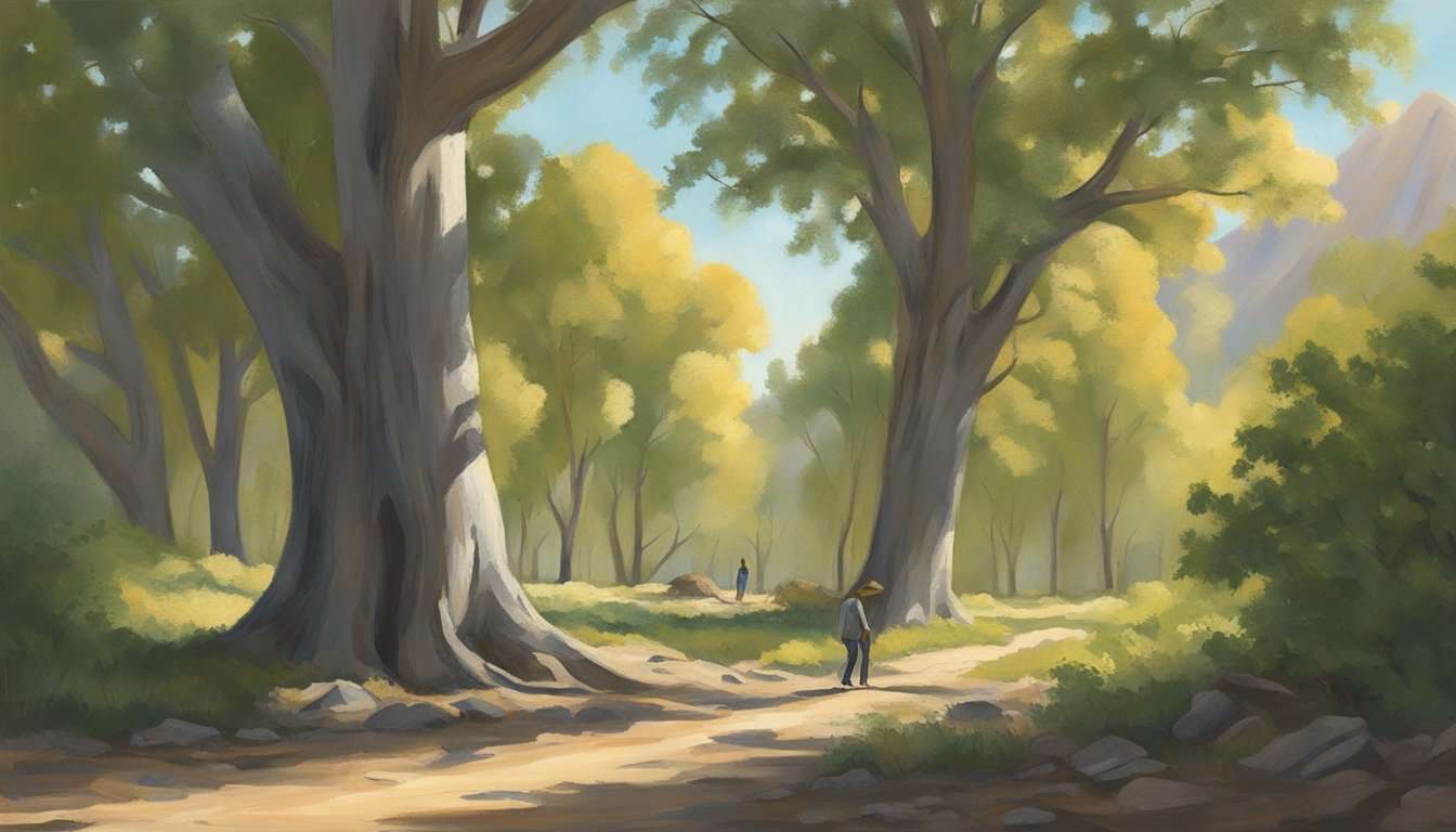 Sunlight filtering through tall cottonwood trees, casting dappled shadows on the forest floor. A figure carefully gathers cottonwood leaves and branches, surrounded by the sounds of nature