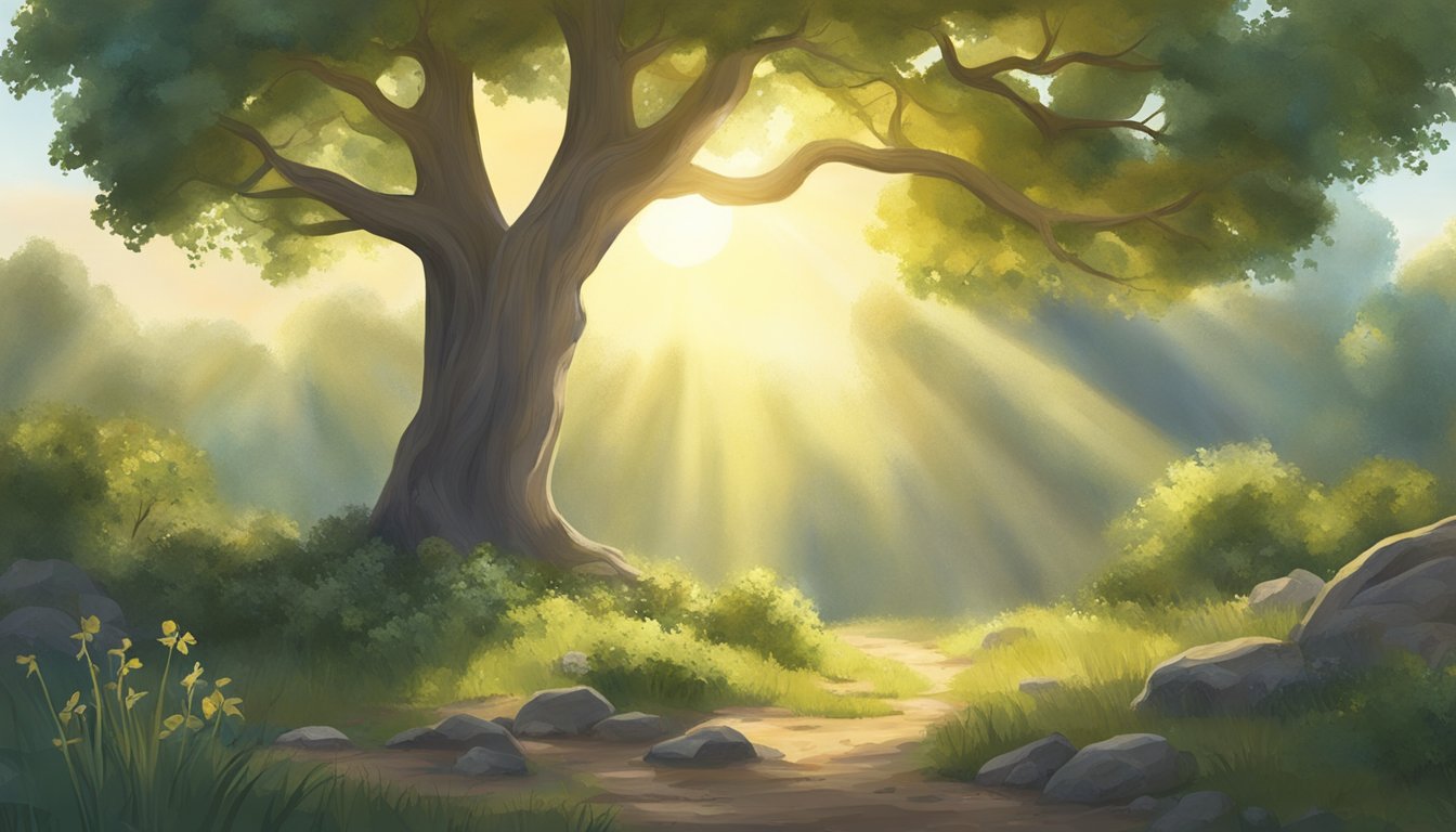 A serene forest clearing with a cottonwood tree surrounded by various plants and wildlife. The sun shines through the branches, casting dappled light on the scene