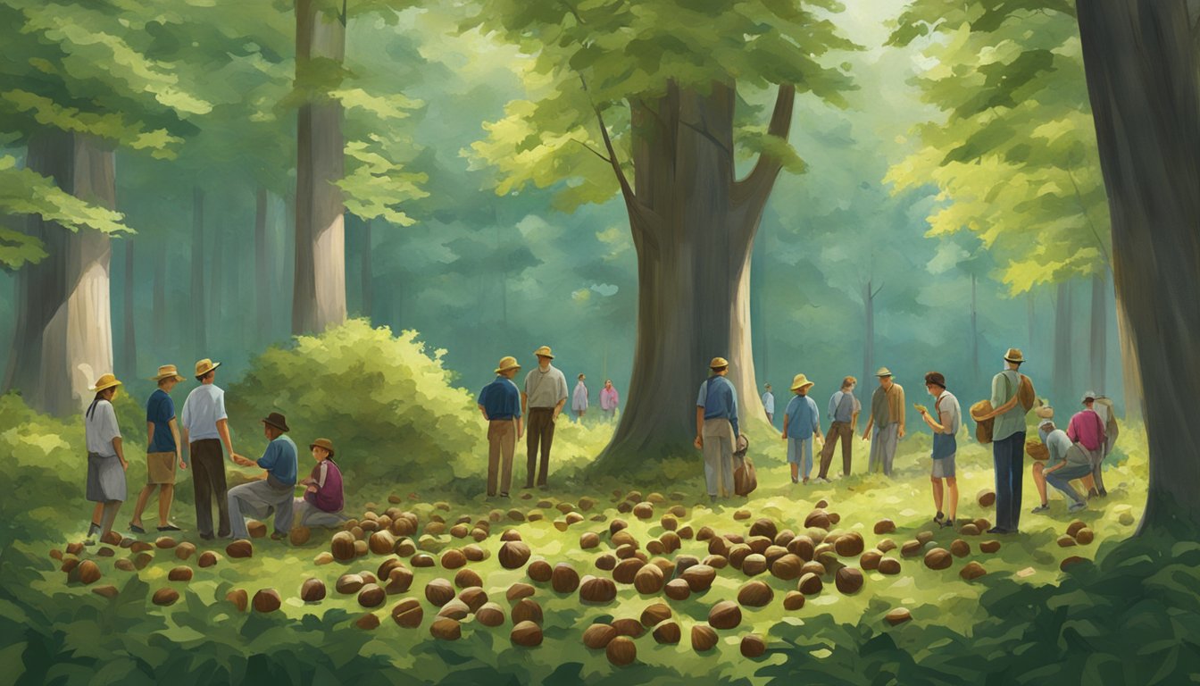 A group of people gathering fallen American chestnuts in a lush forest clearing, surrounded by towering trees