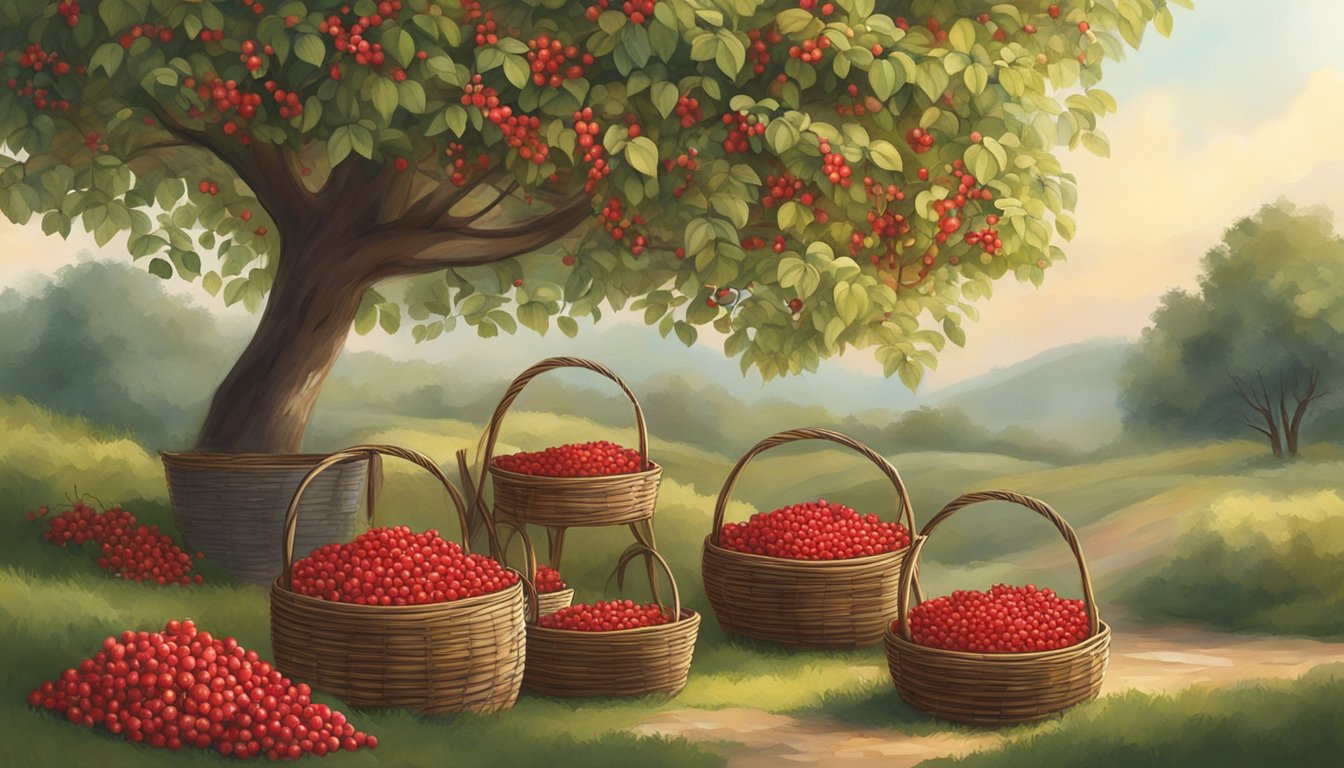 A dogwood tree with ripe red berries being gathered and stored in woven baskets