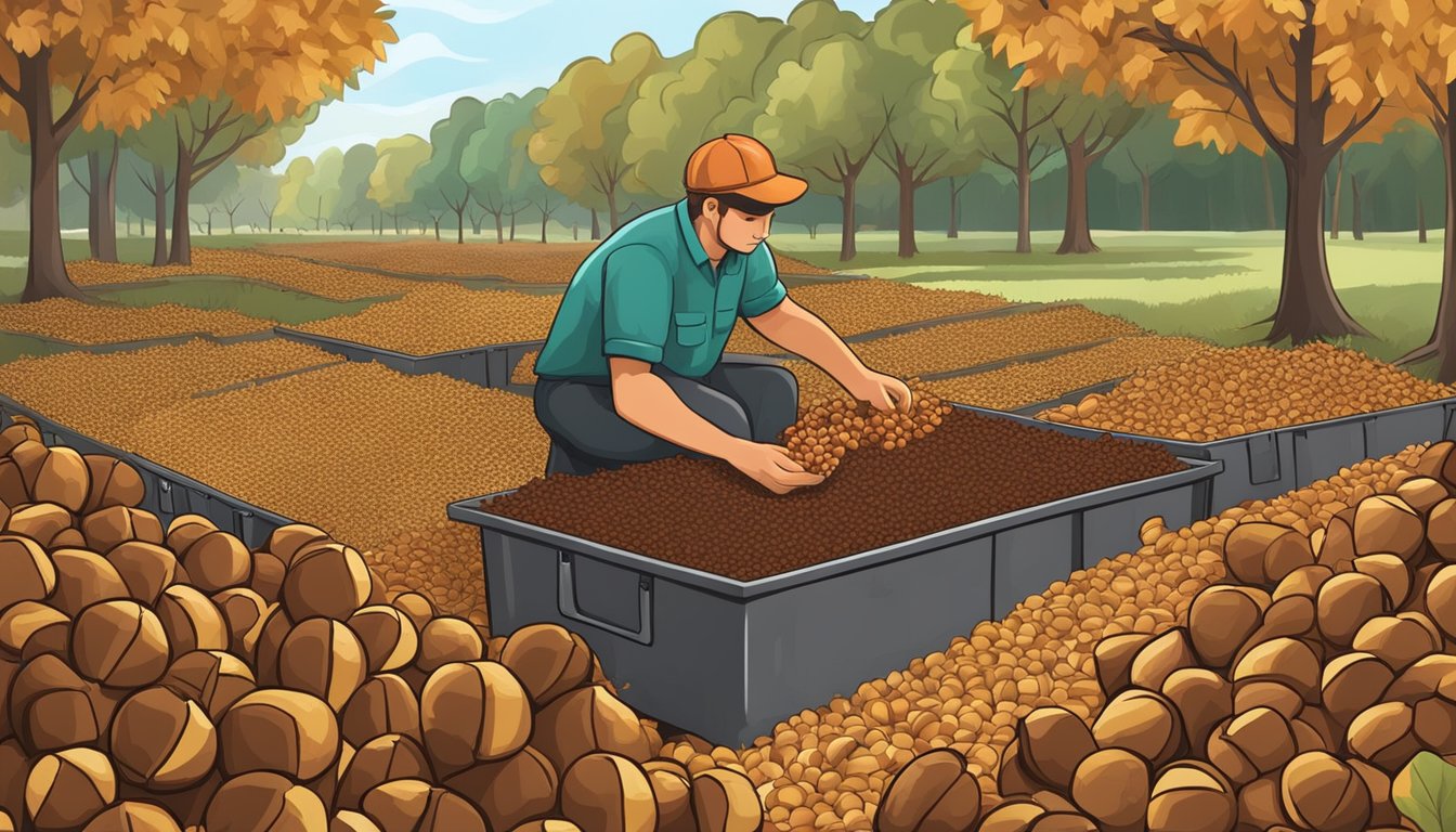 A person gathers and sorts freshly fallen American chestnuts, then stores them in a cool, dry place for processing